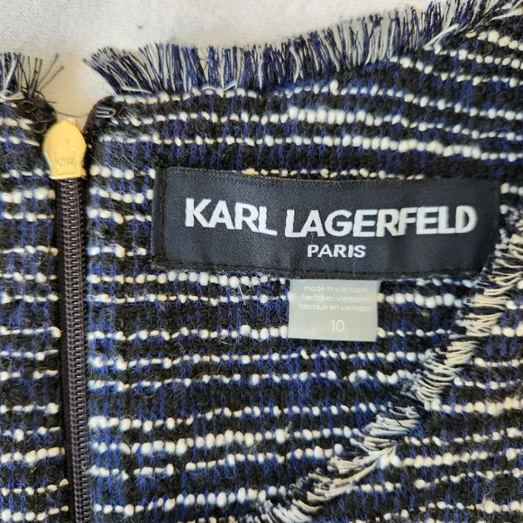 Tweed Fall Sheath Dress Navy Blue White Stripes Sleeveless Fringe Paris Size 10 - Picture 14 of 17